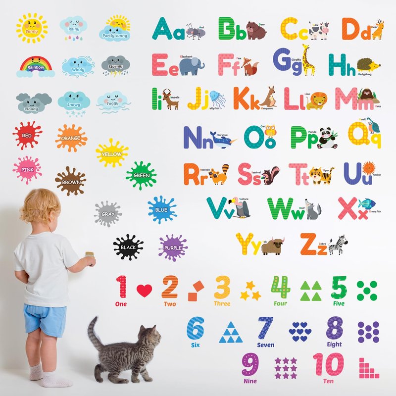 DECOWALL DS12-8070N Animal Alphabet Numbers Colour Weather Kids Wall Stickers Decals playroom Letters Decor Bedroom ABC Nursery Classroom Toddlers Learning Educational Baby Rainbow Colorful