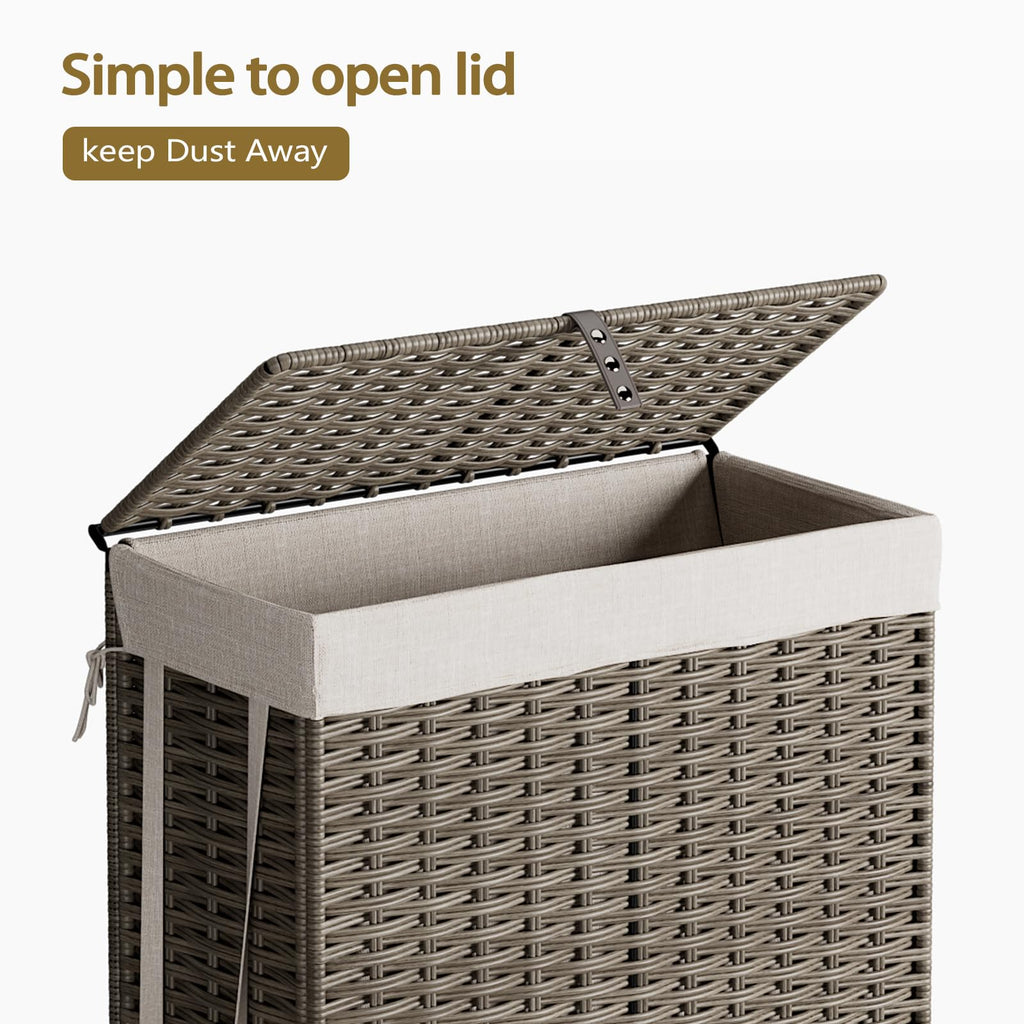 Rolling Laundry Hamper with Wheels and Lid, 90L Slim Laundry Basket with Removable Bag, Foldable Handwoven Rattan Laundry Sorter, Narrow Dirty Clothes Basket Organizer, No Assembly, Grey