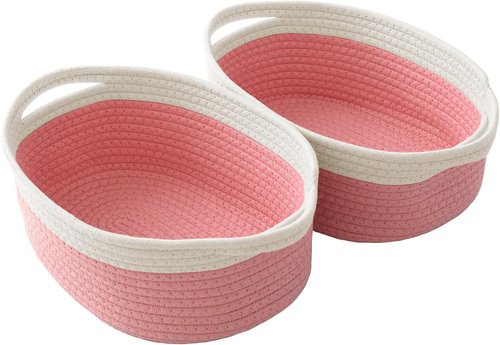 JMvicyroam Woven Basket - Small Rope Storage Bin with Handles for Organizing Shelves | White & Pink, 2 Pack