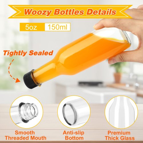 DADILL Hot Sauce Bottles 5 oz, 35 Pack Glass Woozy Bottles with Leak Proof Black Caps, Shrink Capsules & Brush, 150ml Empty Bottles for Hot Sauces, Home Bottling, Oils, Vanilla Extract & Gifts