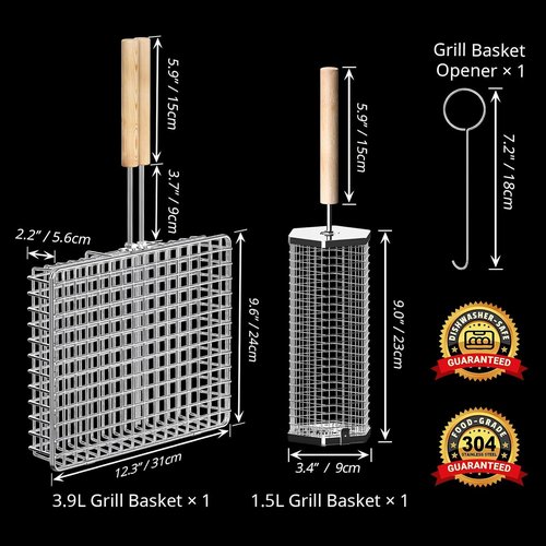 Ivtivfu Grill Basket Set - Removable Wooden Handle, 304 Stainless Steel BBQ Tools for Vegetables & Fish