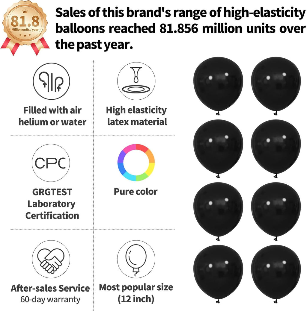 110pcs Black Latex Balloons - 12 Inch Party Balloons for Birthday, Baby Shower & Wedding | Includes 2 Ribbons