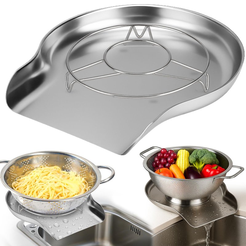 Palksky Colander and Strainer Self Drainer Base Plate Stainless Steel for Kitchen, Metal Countertop Draining Tray for Pasta Rice Noodle Fruit Veggie Food Strainer & Ceramic Colander