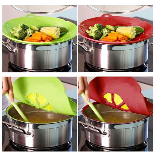AUSINCERE Spill Stopper Lid, Anti Spill & Boil Over Safeguard, Silicone Pot Cover, Multi-Function Kitchen Tool (11"(Red)+10.2“(Green))
