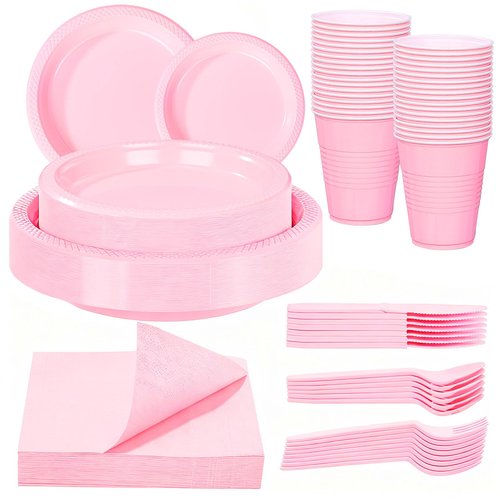 WELLIFE 210 PCS Pink Plastic Plates for 30 Guests - Disposable Dinnerware Set Including Dinner Plates, Dessert Plates, 12oz Cups, Cutlery & Napkins, Pink Party Plates
