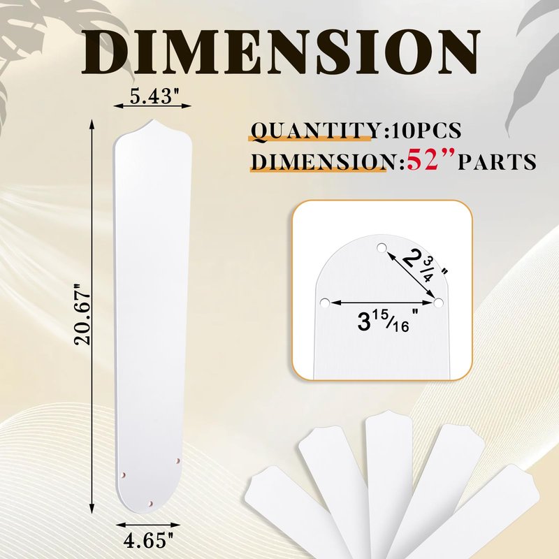 Lineshading 10 Pack 20" Replacement Fan Blades for 52" Ceiling Fan Waterproof Weatherproof Blades Replacement for Broken Substitution Replacing Indoor Summer(White)