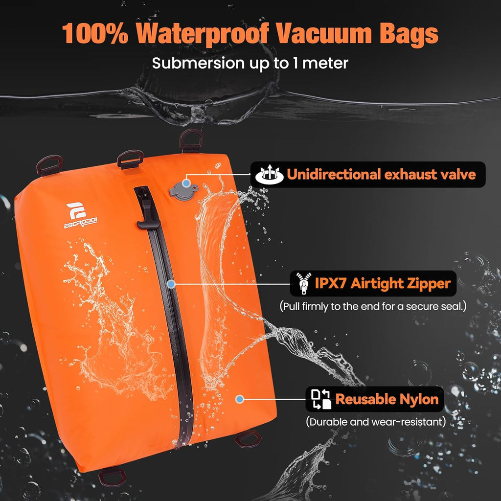 Skiennix Vacuum Compression Bags - 3-Pack Reusable Travel Storage | Waterproof & Space-Saving, Orange