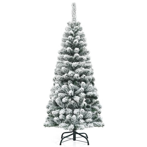 IFANNY 4.5 FT Snow Flocked Christmas Tree, Hinged Pencil Tree with 242 Branch Tips, Artificial Xmas Trees w/Folding Metal Stand, Slim Christmas Tree for Home Office Indoor Outdoor (242 Branches)