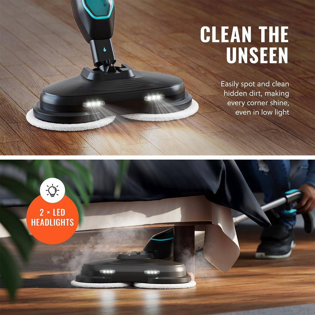 Pursteam ScrubMaster Steam Mop - Dual Scrubbing Head, LED Lights & Adjustable Steam Control | Versatile Cleaning Tool