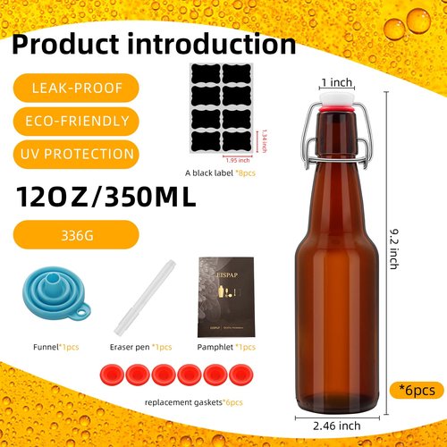 eispap Amber Beer Bottles with Flip Caps, 12oz Glass Bottle with Swinging Top for Airtight Lids, Home Brewing and Fermentation Kombucha, Vanilla Extract, Beverage, Water, Kefir (6)