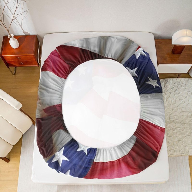 United States Fitted Sheet American Flag Blue Red Printing Bedding Set for Kids Teens Adult USA Federations Stars Stripe Fitted Bed Sheet Queen Size 1 Fitted Sheet with 2 Pillow Cases(No Top Sheet)