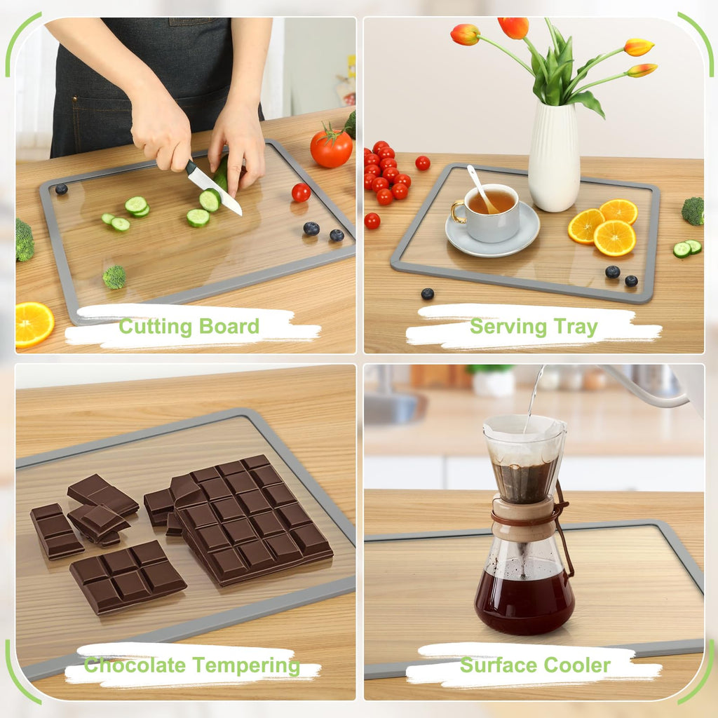 IDekooror Cutting Board, Tempered Glass Cutting Board for Kitchen Counter, 2Pcs Chopping Board Set with Non-Slip Silicone Edges, Heat Resistant, Dishwasher Safe, Kitchen Decoration