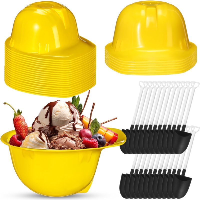 Uiifan 24 Sets Construction Ice Cream Bowls with Shovel Spoons, 8 oz Plastic Helmet Dessert Cups Snack Bowls for Construction Birthday Party Supplies, Kids Themed Party Favors (Yellow)