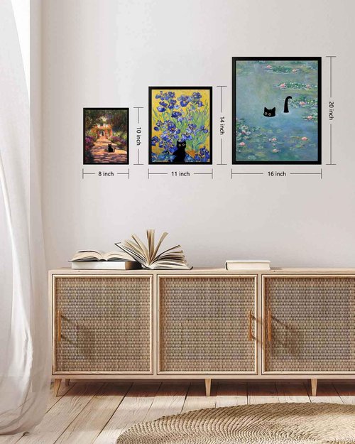 Hamduker Funny Black Cat Wall Art, Monet Art Water Lily Cat Wall Art Decor, Preppy Aesthetic Cat Posters for Bedroom Bathroom Living Room (Size: 16''x20''x1pcs)