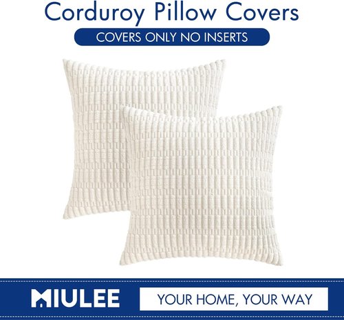 MIULEE Corduroy Throw Pillow Covers - Soft Boho Striped Design | 20x20 Inch Pure White for Modern Home Decor