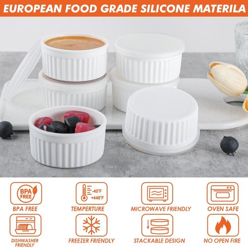 Koluti 6-Pack Nonstick Silicone 4oz Ramekins with Lids, Oven Safe Creme Brulee Baking Small Bowls, Souffle Ice Cream Pudding Dessert Dipping Sauce Cups, BPA Free, Microwave & Freezer & Dishwasher Safe