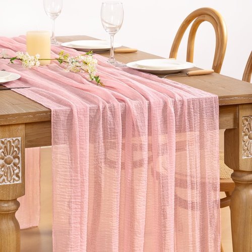 DeZerlor Blush Pink Cheesecloth Table Runner - 120 Inch Boho Gauze for Weddings & Events | 4 Pack