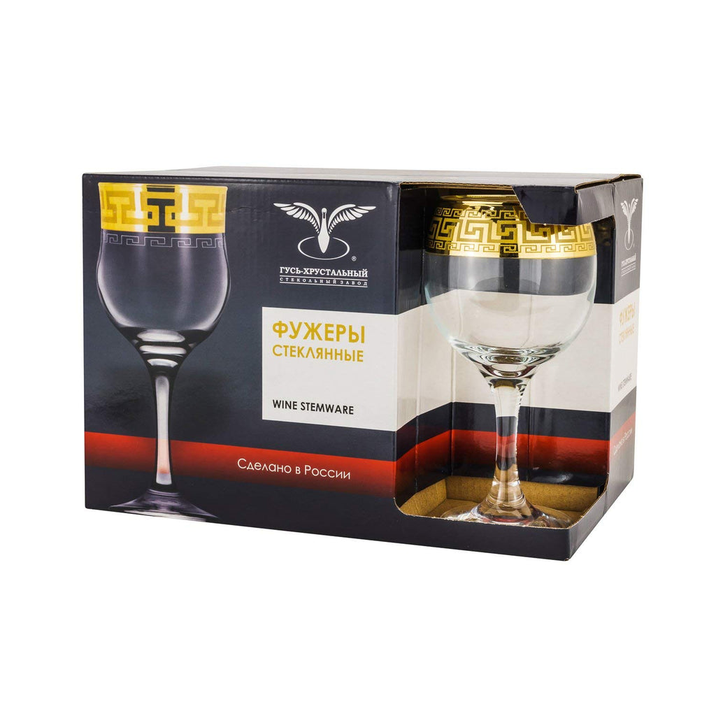 World Gifts Gold Rimmed Wine Goblet 6-piece Glass Set Greek Key Pattern Contemporary Drinkware