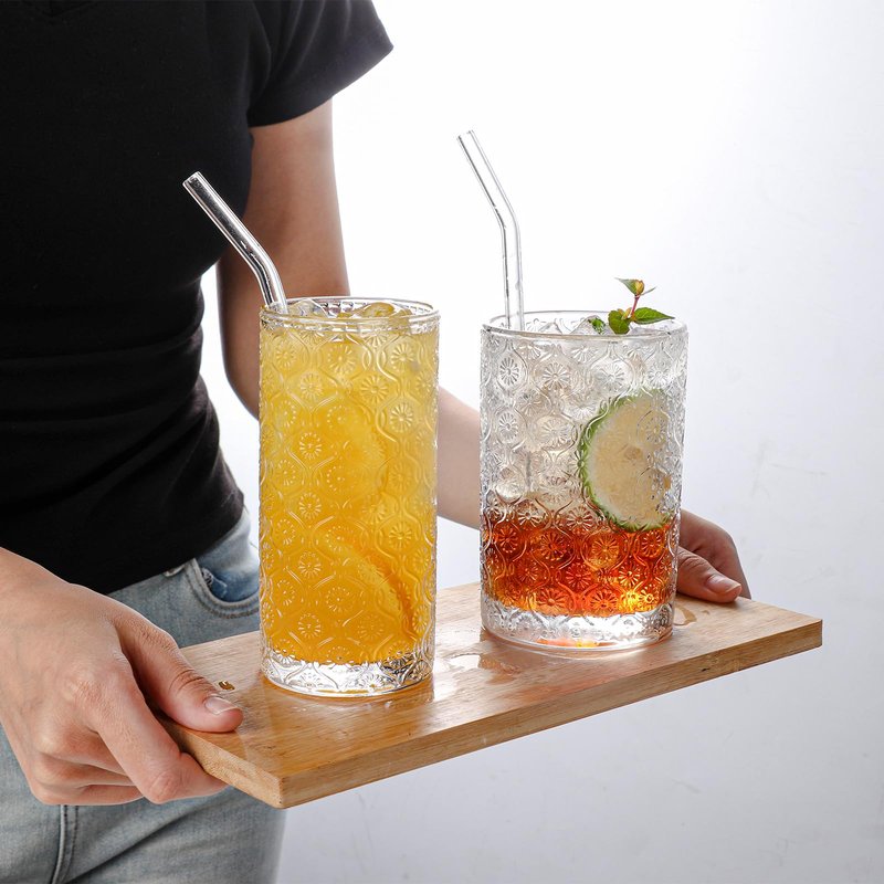 WeirdUncle Set of 4 Vintage Embossed Glassware,2 Collins Glass cups 12oz & 2 Highball Drinking Glasses 16oz, Clear, Art Deco, for Beer, Water, Cocktail, Juice, Whiskey, Gift