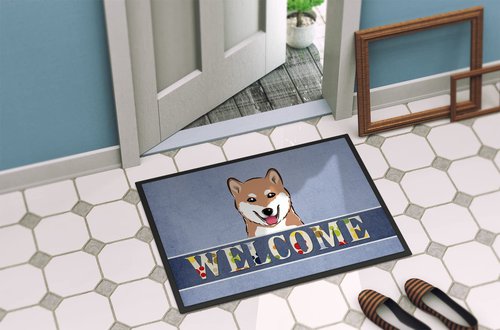 Caroline's Treasures BB1411JMAT Shiba Inu Welcome Doormat 24x36, Blue Front Door Mat Indoor Outdoor Rugs for Entryway, Non Slip Washable Low Pile, 24H X 36W