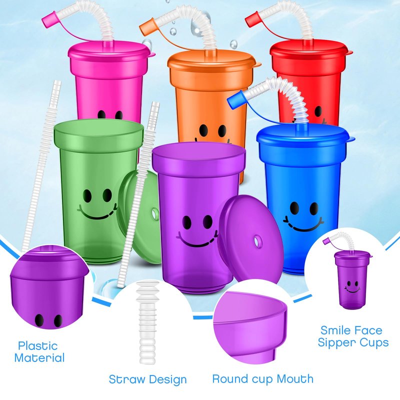 Mumufy Kids 12 oz Neon Cups Bulk Laugh Face Neon Colorful Plastic Cups Reusable Summer Birthday Supplies Kids End of the Year Present for Students(48 Pcs)