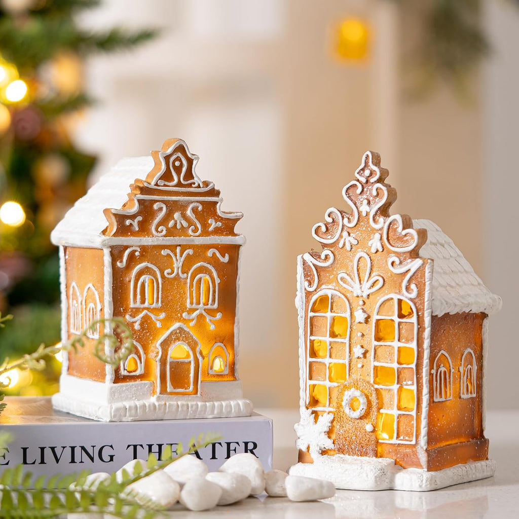 Skiennix Christmas Gingerbread Village House Figurines - Pre-Lit LED Decor | 2-Piece Set
