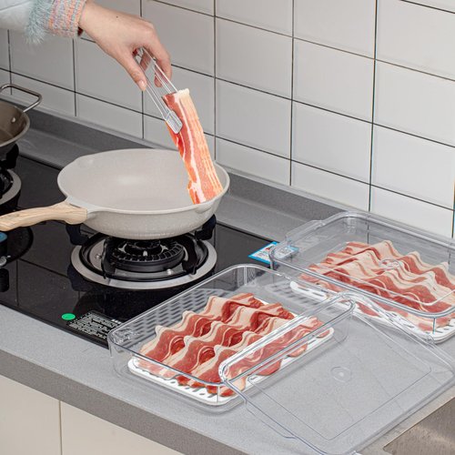FillTouch 2 Pcs Bacon Storage Container for Refrigerator with Tong, Bacon Deli Meat Storage Container with Perforated Tray for Freshness, Clear Plastic Meat Saver for Fridge Food