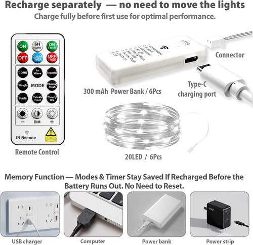 HXWEIYE Fairy Lights - 6 Pack Rechargeable String Lights with Remote & DIY Timer | 7ft 20LED for Weddings & Parties