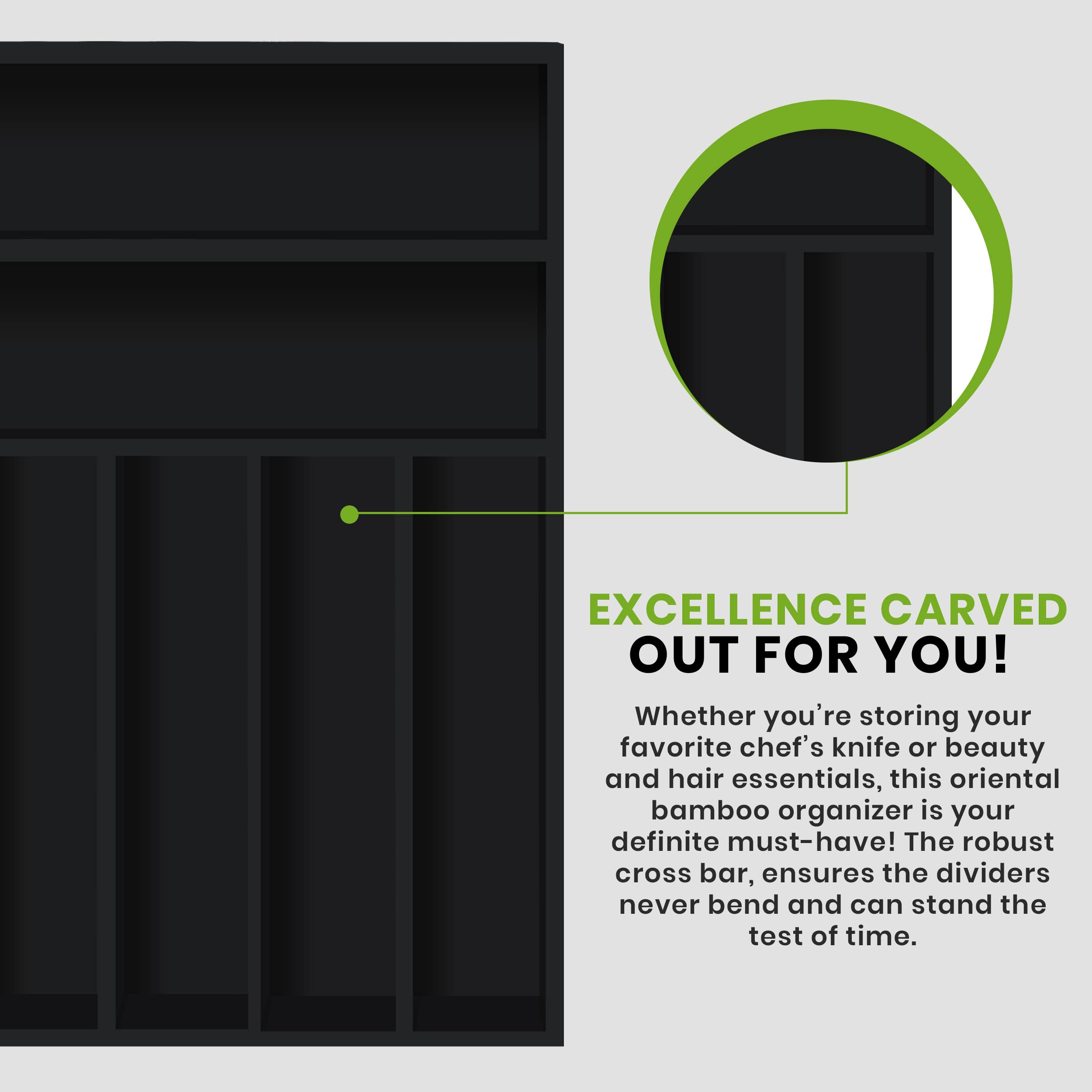 Utopia Kitchen Silverware Organizer, Bamboo Utensil Drawer Organizer for Cutlery, Utensils & Flatware (7 Compartment, Black) Pack of 1