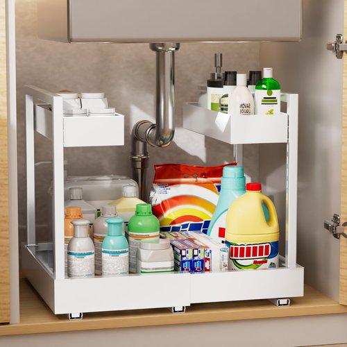 NEWMATIC Adjustable Under Sink Organizer Pull Out Drawers, 2-Tier Slide Out Cabinet Storage Shelf for Kitchen Sink, Height & Width Extendable White, 15''D x 13''-20.5''W x 15''H(1Pack)