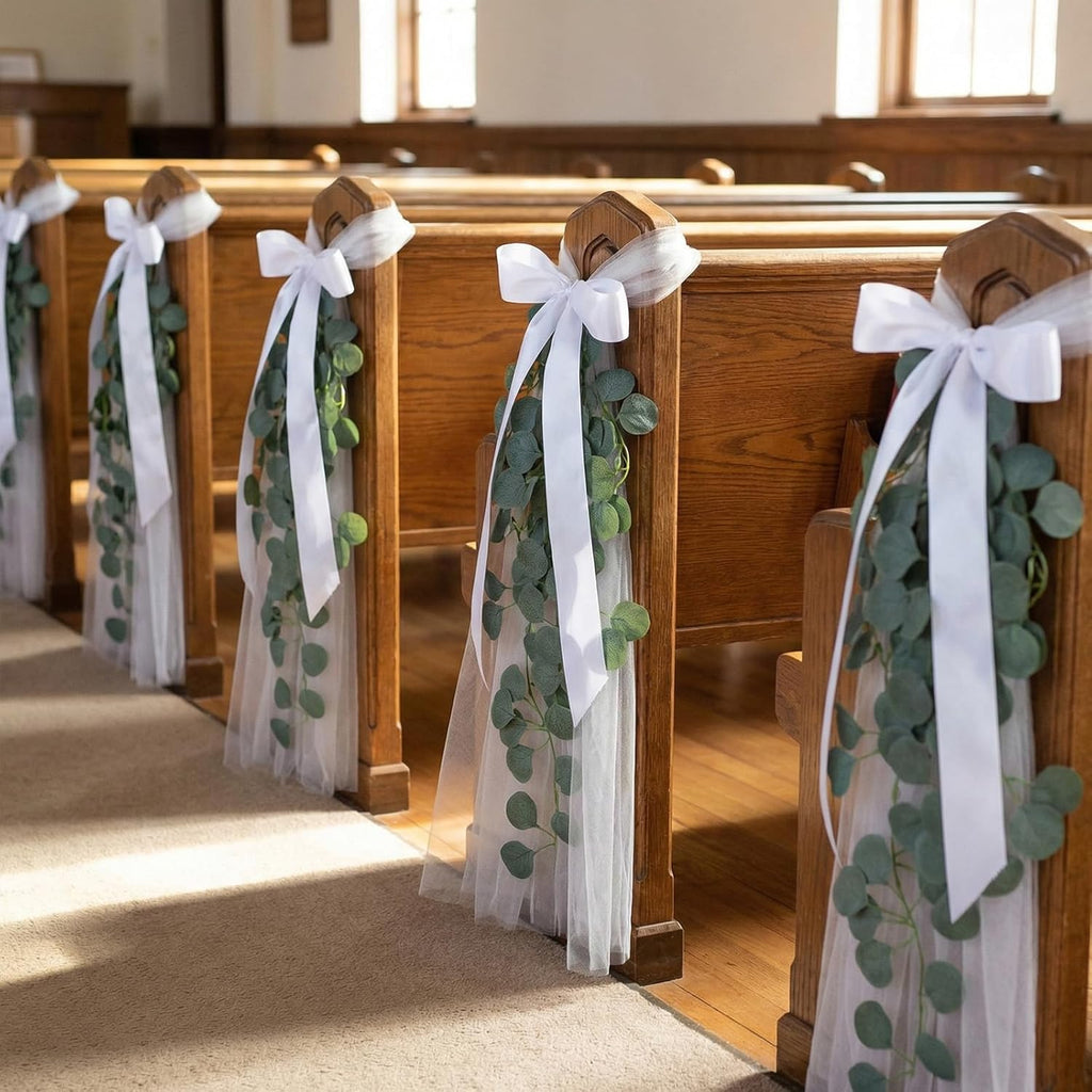 Regine Switzerland Wedding Aisle Chair Decorations - White Tulle Tails with Ribbon Bows & Eucalyptus Vine | 24 Set