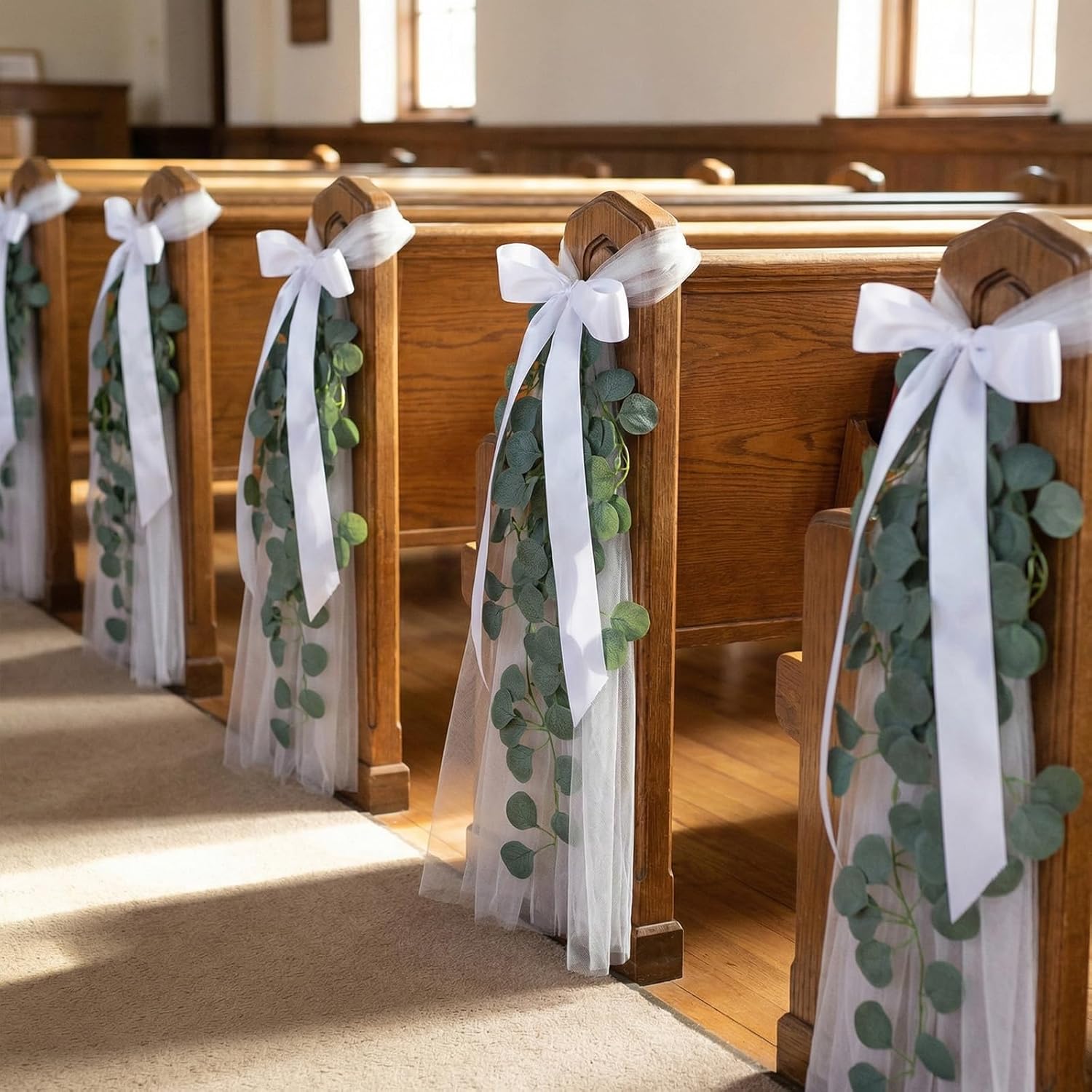 Regine Switzerland Wedding Aisle Chair Decorations - White Tulle Tails with Ribbon Bows & Eucalyptus Vine | 24 Set