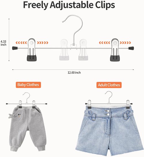 IEOKE Pants Hangers - 12-Pack Adjustable Metal Skirt Hangers with Clips for Dresses & Jeans | Black