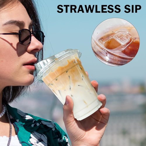 BYSNOW 16 oz Clear Plastic Cups - 100 Pack Disposable Iced Coffee Cups with Lids for Cold Drinks
