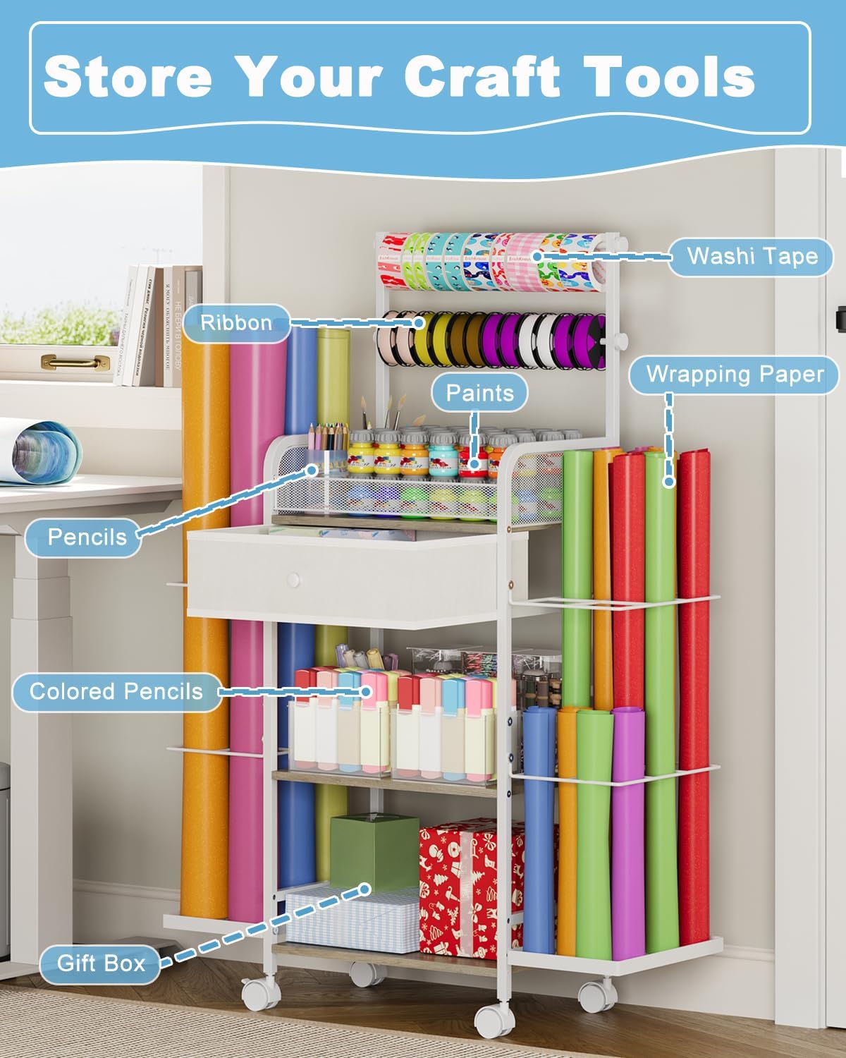 Rsaayekkt Wrapping Paper Storage Cart - Rolling Gift Wrap Station with Fabric Drawer & Ribbon Holder