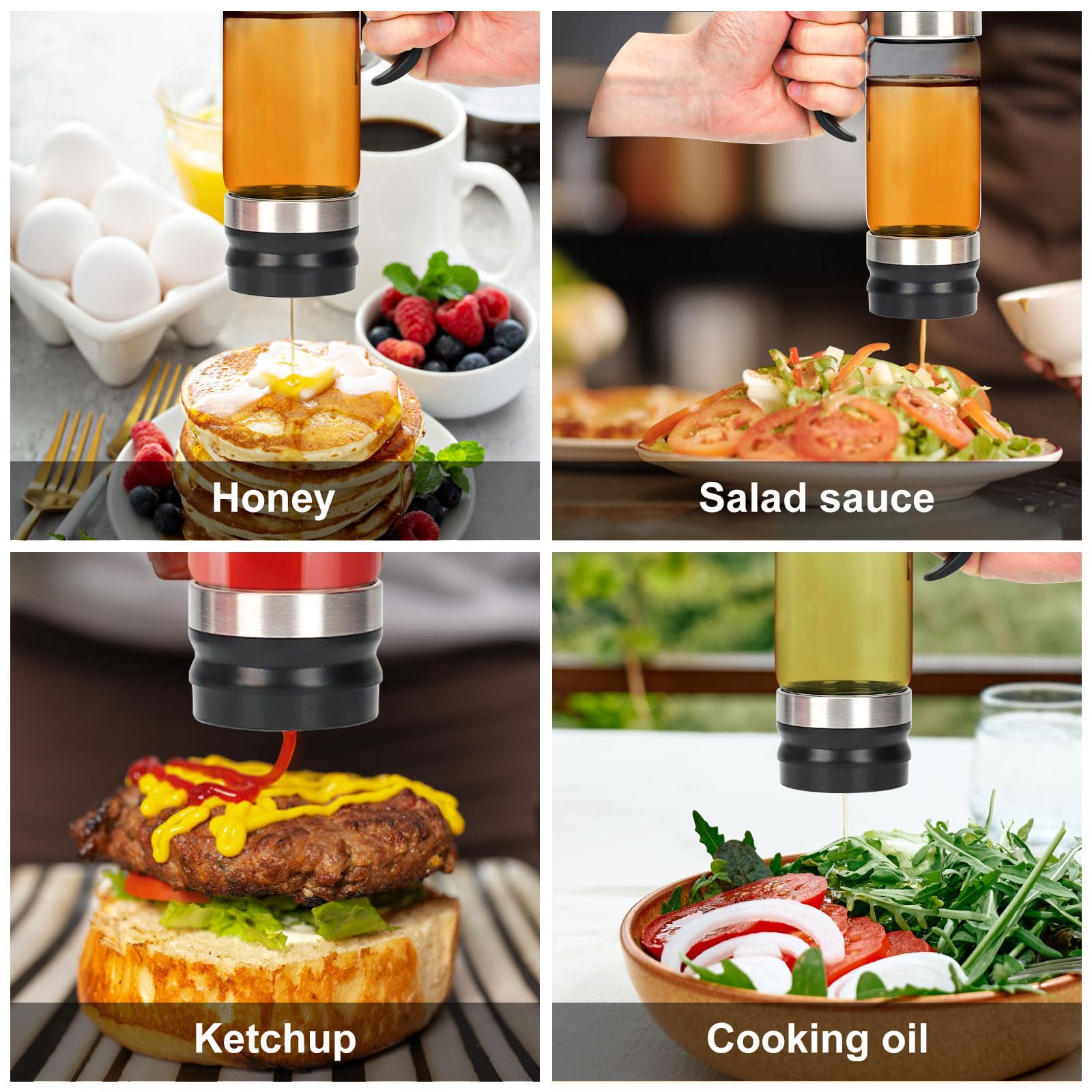 YIK TUNG 12 Oz Glass Honey Dispenser Pot with Silicone Base No Drip Honey Container Jar, Maple Syrup Dispenser with Handle for Pancake, Coffee or Tea Black