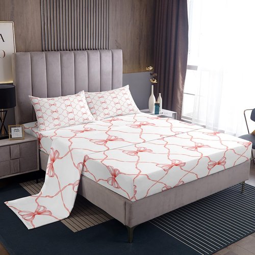 Erosebridal Kawaii Bow Bed Sheets Cute Bowknot Sheet Set Full for Kids Girls Teen Room Decor,Pink Girly Bow Bedding Set Fantasy Princess Bow Tie Bed Sheet Set 4 Piece