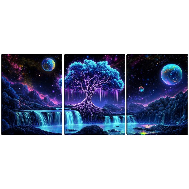 KFYMP Tree of Life Wall Art – 3 Piece Galaxy Canvas Prints – Large Fantasy Waterfall and Space Wall Decor – Spiritual Modern Artwork for Living Room – 16x24 Inch