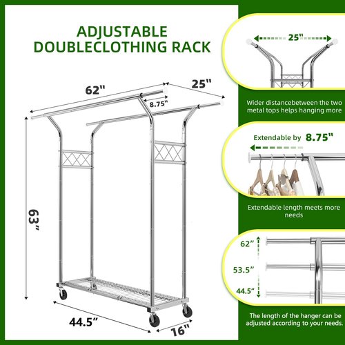Simple Trending Heavy Duty Double Rod Clothes Rack Load 400 LBS, Metal Commercial Garment Rack, Standing Rolling Clothing Rack for Hanging Clothes with Sturdy Wheels & Shelves, Chrome