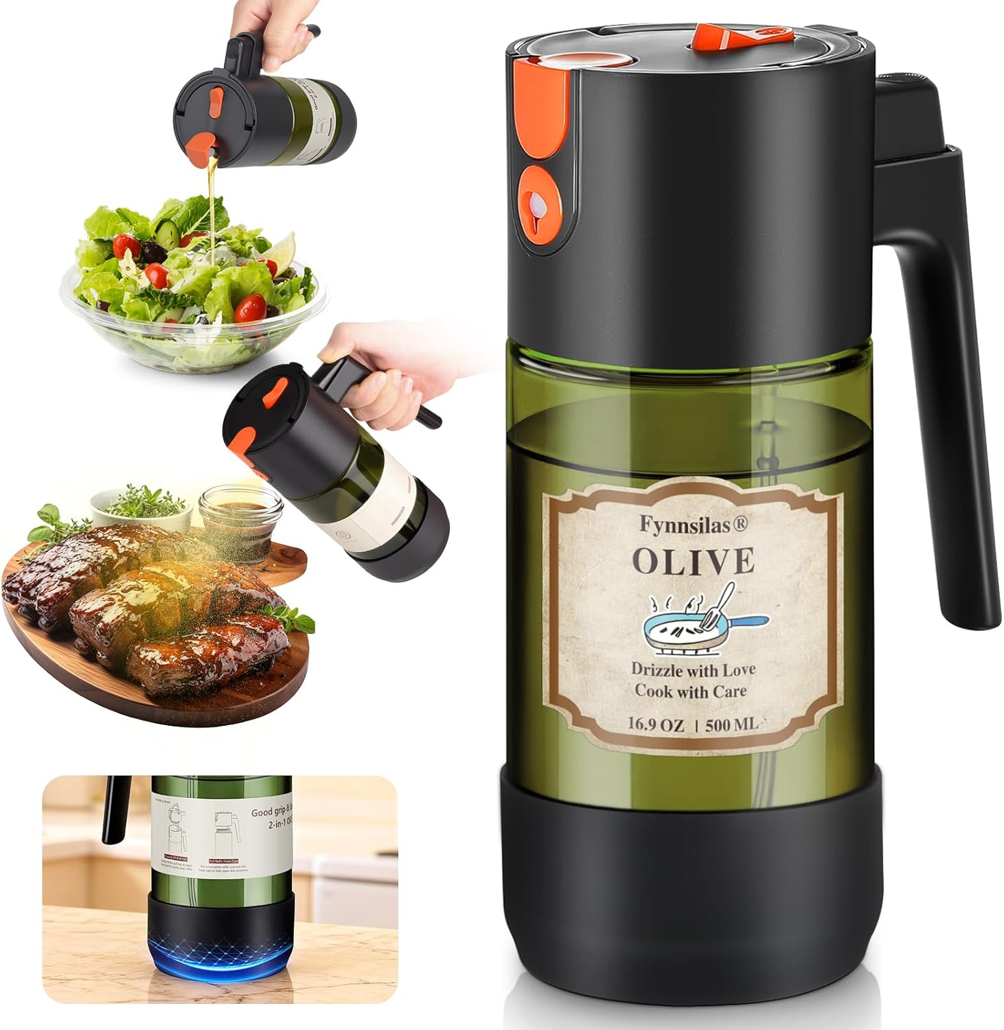 Skiennix 2-In-1 Oil Sprayer - Light-Blocking Dark Glass Olive Oil Dispenser | 500ml for Cooking & BBQ