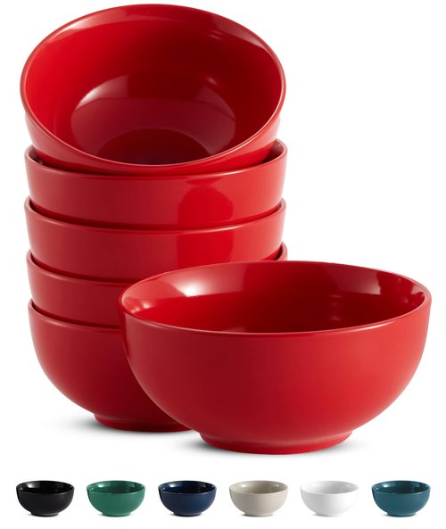KooK Soup Bowls, Cereal Bowl, Ceramic, Bowls for Kitchen, Microwave, Dishwasher and Freezer Safe, Porcelain Dishes for Pasta, Salad, Oatmeal, Deep Interior, 20 oz, Set of 6, (Red)