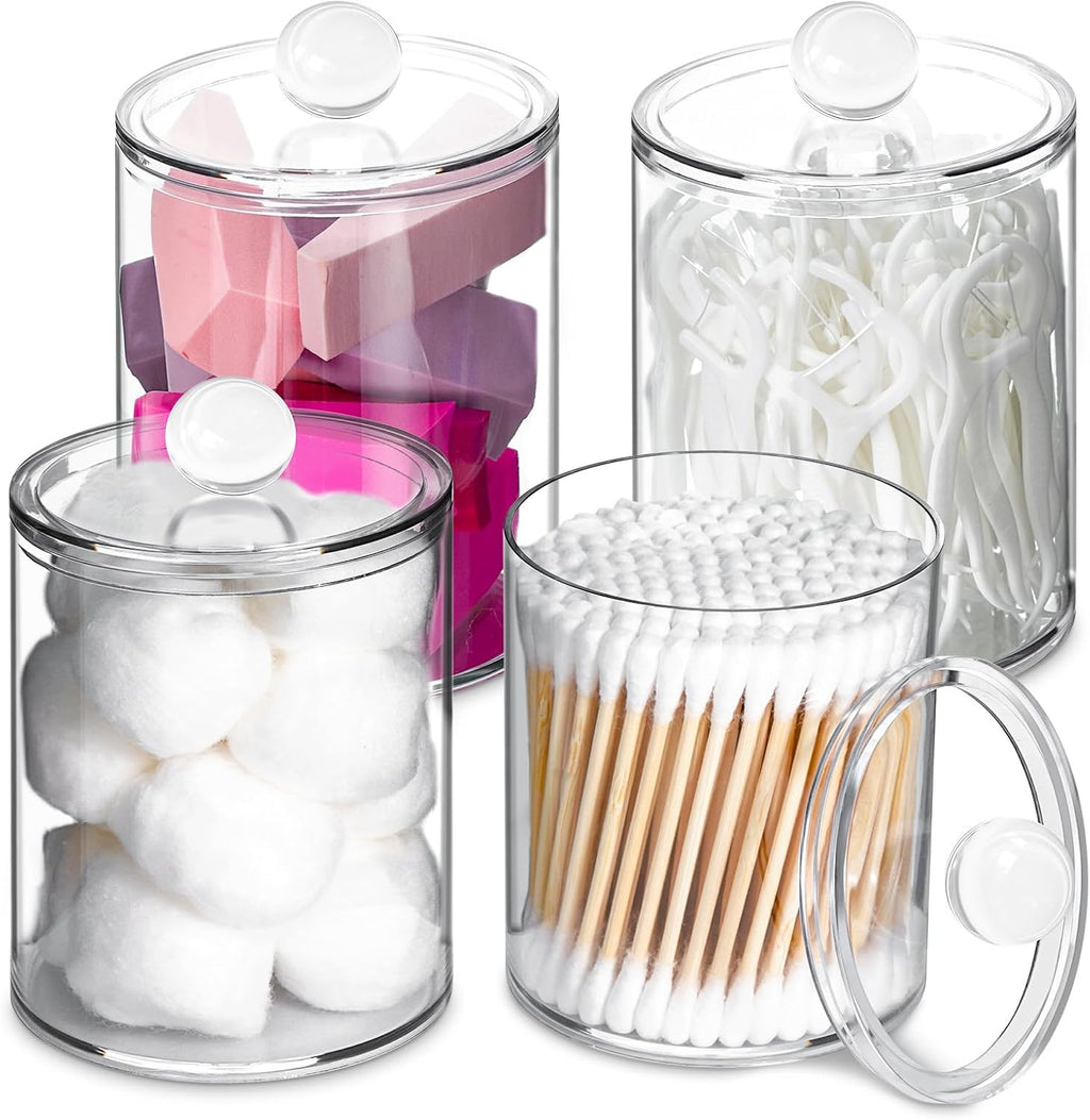 XIPENGKEJI Qtip Holder Set - 4 Pack Apothecary Jars with Lids for Cotton Swabs & Pads | 10oz-12oz Organizers