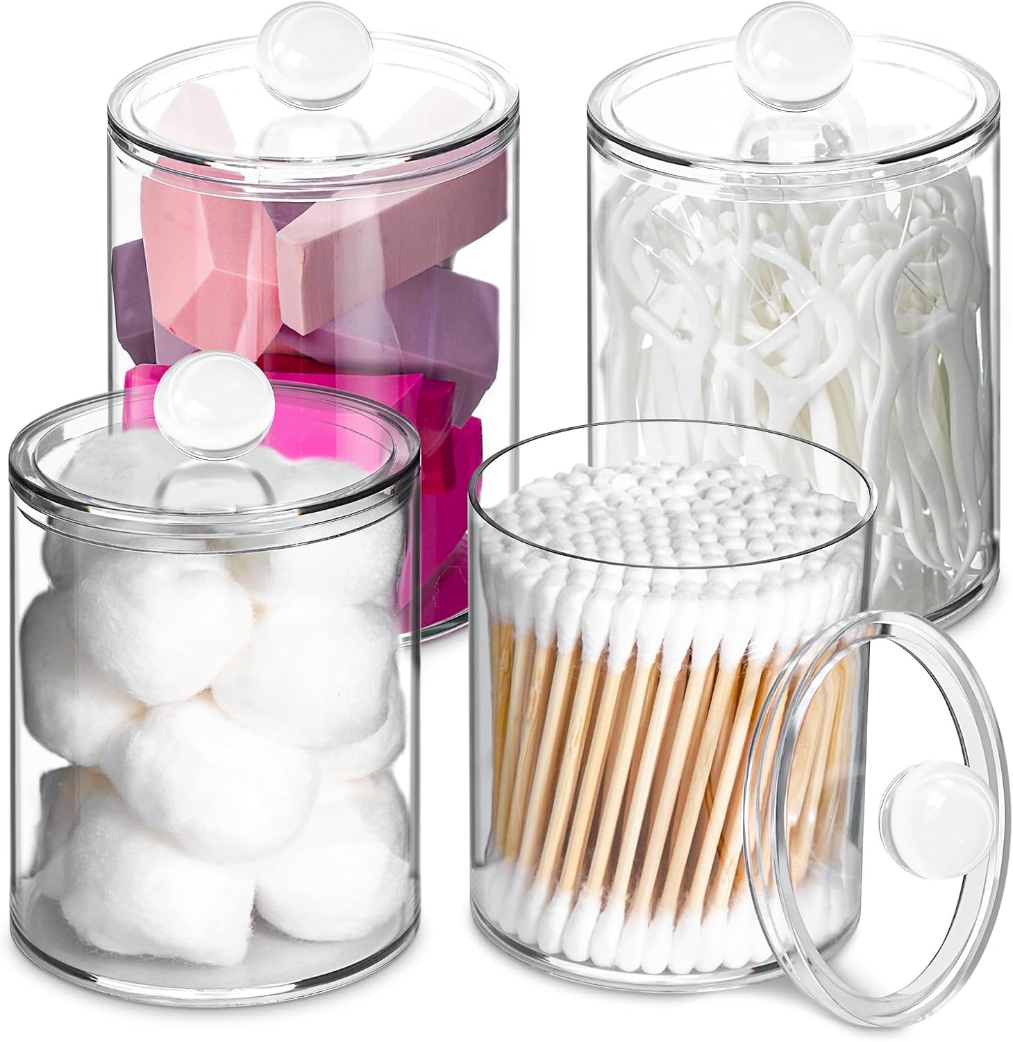 XIPENGKEJI Qtip Holder Set - 4 Pack Apothecary Jars with Lids for Cotton Swabs & Pads | 10oz-12oz Organizers