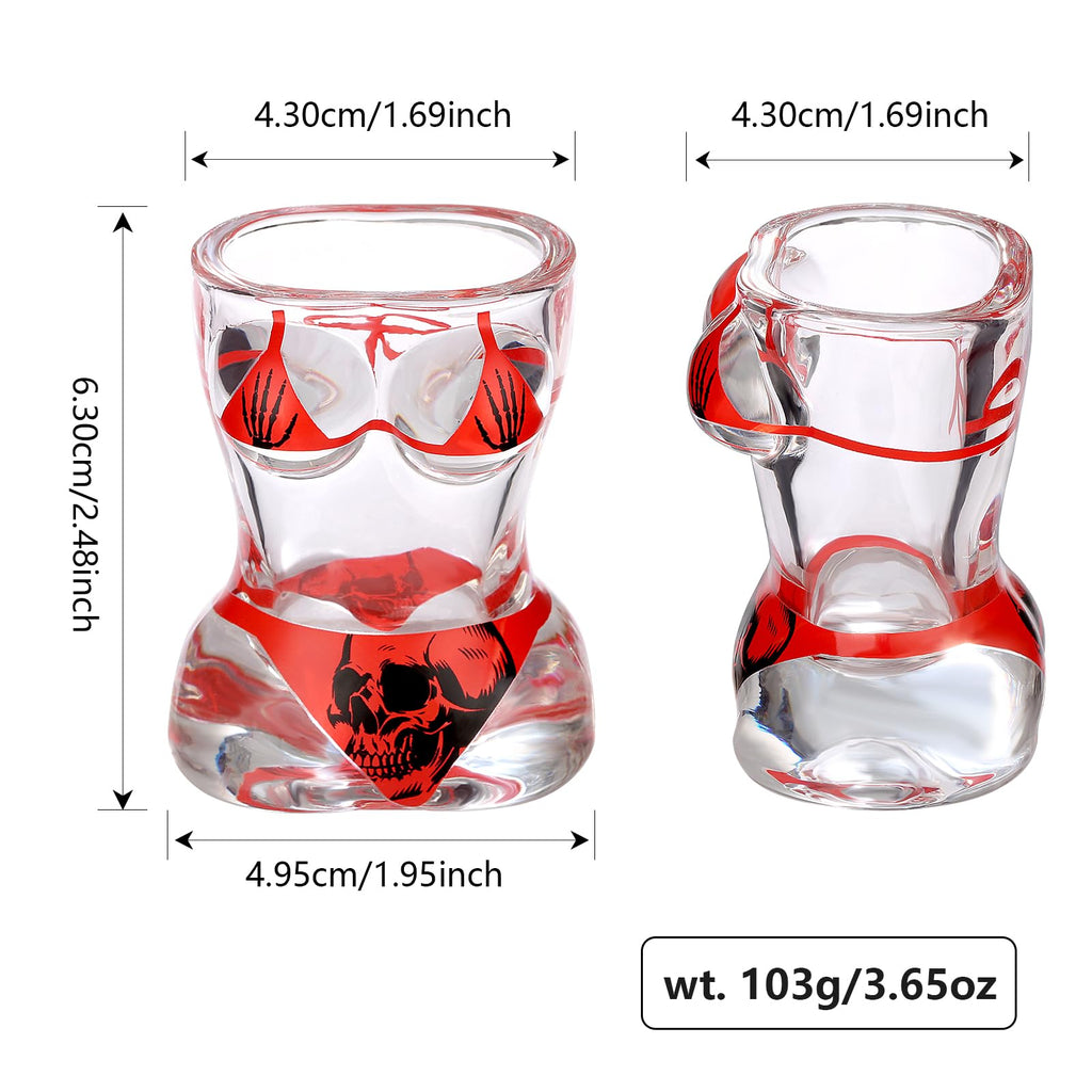 Muscle Man & Bikini Glass Shot Glasses, Personality Skull Design, 30ml Heavy Base Shot Cups Set of 4 with Gift Box for Alcohol Shots, Vodka, Expresso, Tequila & Dessertsor Birthday Christmas Gift