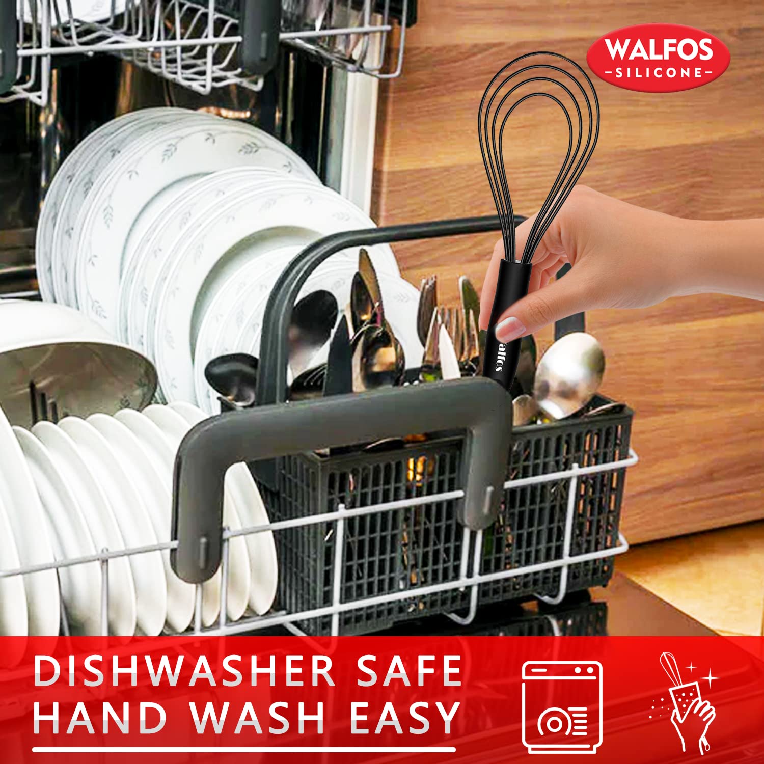 Walfos Silicone Flat Whisk,11inch Flat Whisk Non Scratch Coated Flat Whisks for Cooking.Great for Ceramic Coated pans and Wider shallower pots.Black