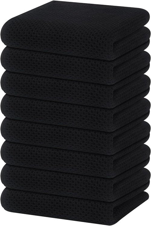 Homaxy Kitchen Dish Towels - 100% Cotton Waffle Weave, Ultra Soft & Absorbent, 13 x 28 Inches, 8-Pack | Black