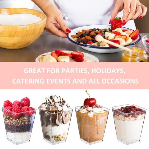 Eupako 125 Pack 5 OZ Plastic Mini Dessert Cups with Spoons - Clear Small Parfait Cups, Square Appetizer Cups for Fruit, Pudding, Mousse, Ice Cream, Party, Wedding, Valentine's Day