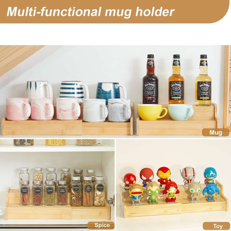 Hongtamoya 2-Tier Expandable Coffee Mug Holder, Mug Organizer for Kitchen Cabinets, Bamboo Mug Cup Rack, Multi-Functional Cup Holder Shelf, Coffee Bar Organizer, Home