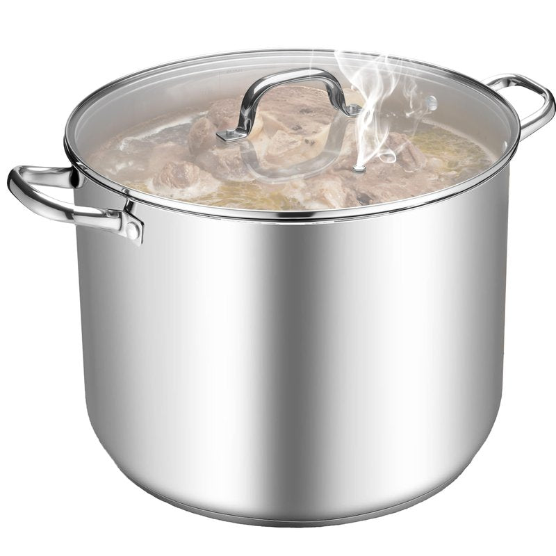 TeamFar Stainless Steel Stock Pot, 24QT Large Stockpot Tri-ply Bottom Cooking Soup Pot with Glass Lid, for Induction Gas Glass Stovetops, Non Toxic & Heavy Duty, Large Size & Easy Clean