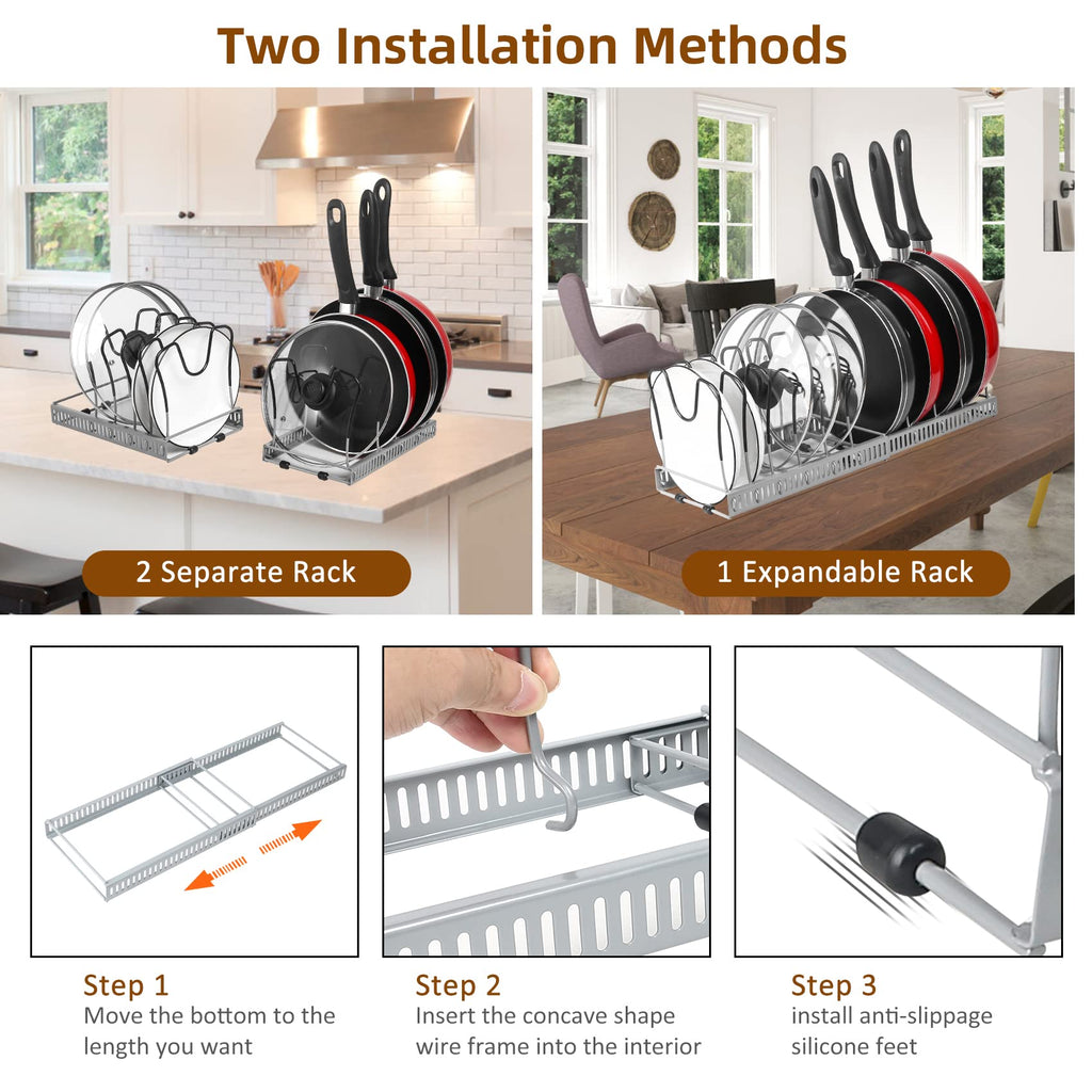 ROOHUA Pot Rack Organizer -Expandable Pot and Pan Organizer for Cabinet,Pot Lid Organizer Holder with 10 Adjustable Compartment for Kitchen Cabinet Cookware Baking Frying Rack